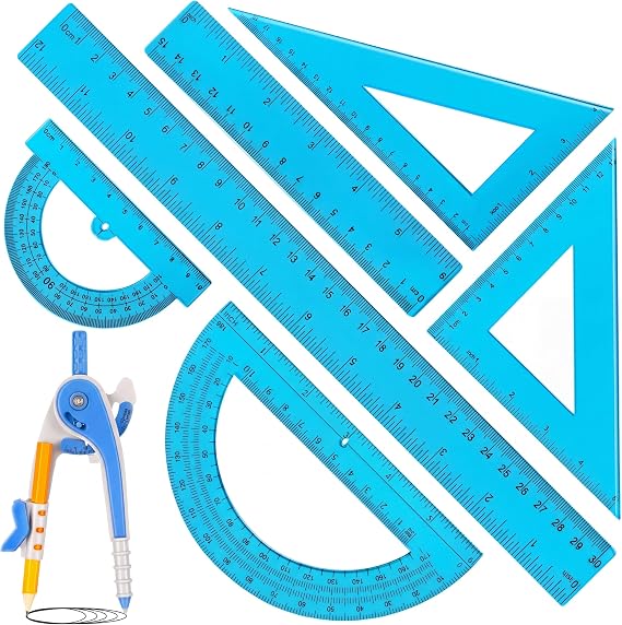 Zonon 7 Pcs Geometry Math Set with Compass Protractor Rulers, Blue