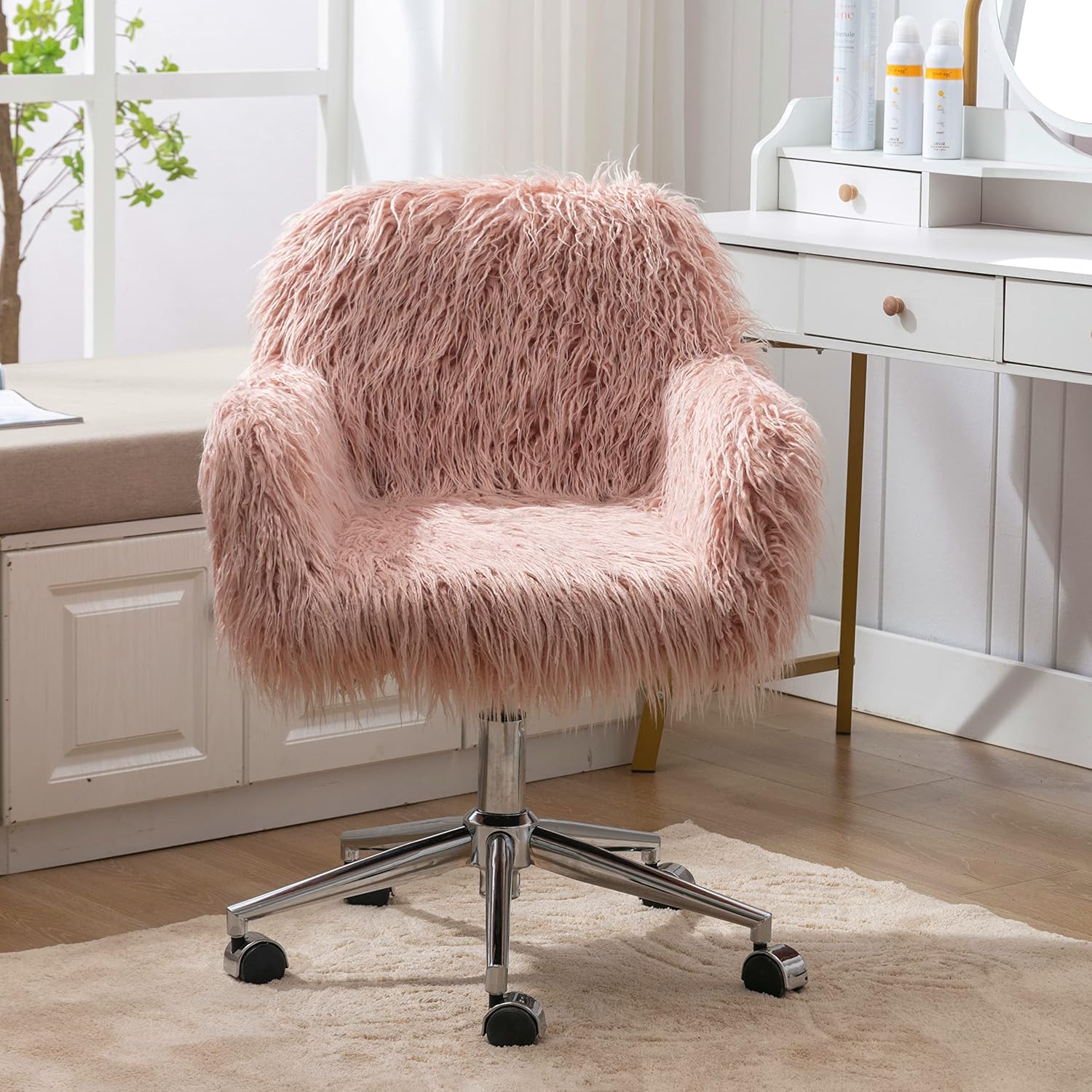 SSLine Faux Fur Vanity Chair Modern Grey Furry Makeup Desk Chairs for Girls Women Elegant Comfy Upholstered Arm Chair with Gold Base in Bedroom Living RoomGrey&amp;amp;Gold