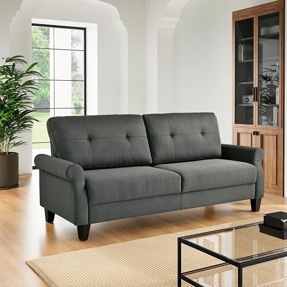 Serta Bluth 73.8" Modern Transitional Sofa, Tufted Back Cushion, Classic Rolled Arms, Solid Wood Legs, Easy Assembly, Dream Coil Comfort, Woven Polyester Fabric, Heather Gray
