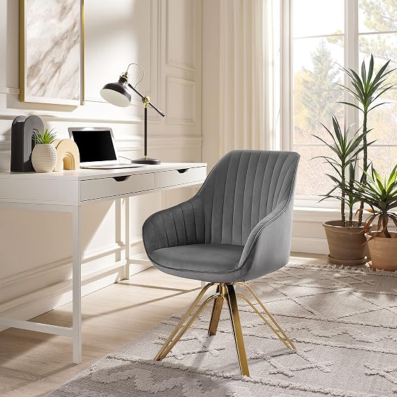 Zouron Mid Century Modern Swivel Fabric Kitchen Dining Chairs with Gold Metal Legs, Swivel Home Office Desk Chair Without Wheels, Swivel Accent Chair for Living Room Bedroom, 1 pcs, Gray