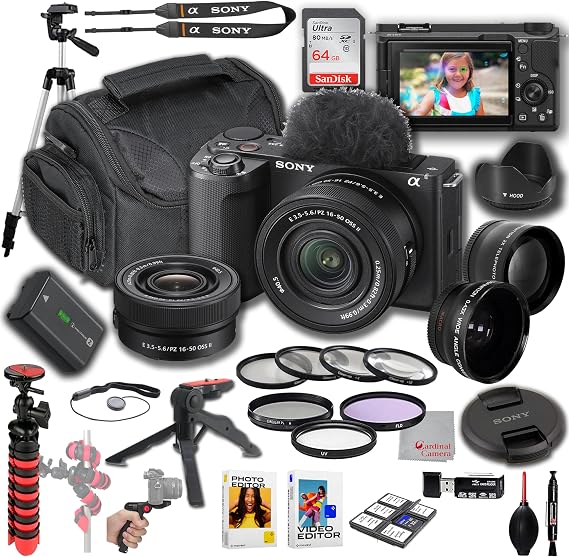 Sony ZV-E10 II + 16-50mm Lens, Wide Angle and Telephoto Lens, 64GB Memory, Filters, Tripod Kit, Deluxe Case, Software & More Pro Video Bundle (30pc)