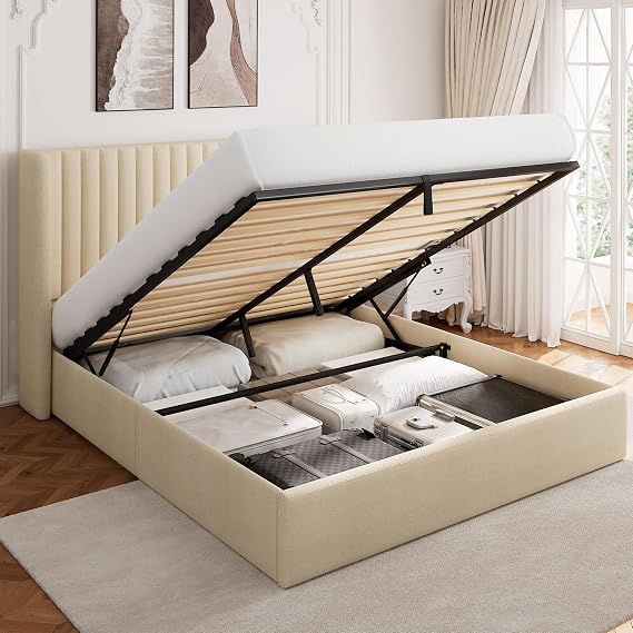 GalnFu Queen Size Lift Up Storage Bed, Upholstered Platform Bed Frame with Wingback Headboard, Hydraulic System, Solid Wooden Slats Support, Noise-Free, No Box Spring Needed, Easy Assembly, Beige