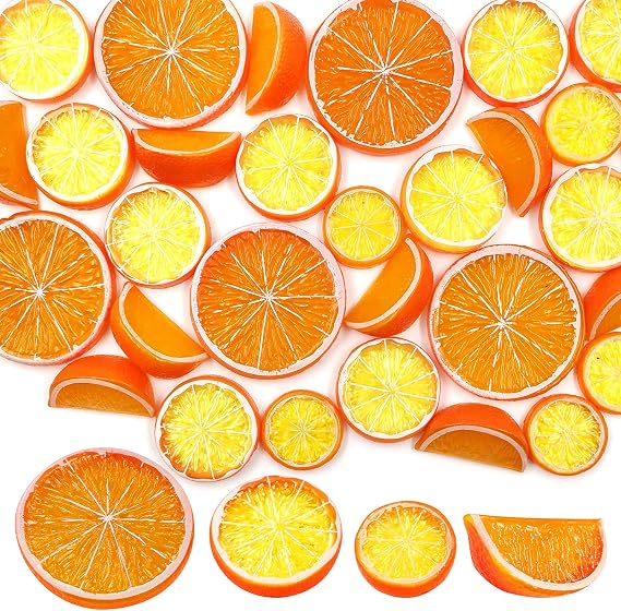 SNAIL GARDEN 30Pcs Artificial Lemon Slices Blocks, 20Pcs Simulation Lime Slice+10Pcs Fake Lemon Block-Double Side Decorative Fake Fruit Model for Party Photo Props Decoration(Orange