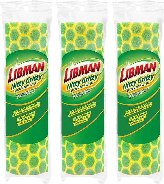 Libman Nitty Gritty Roller Mop Refills, Self Wringing, Sponge, 3 Replacement Heads Included