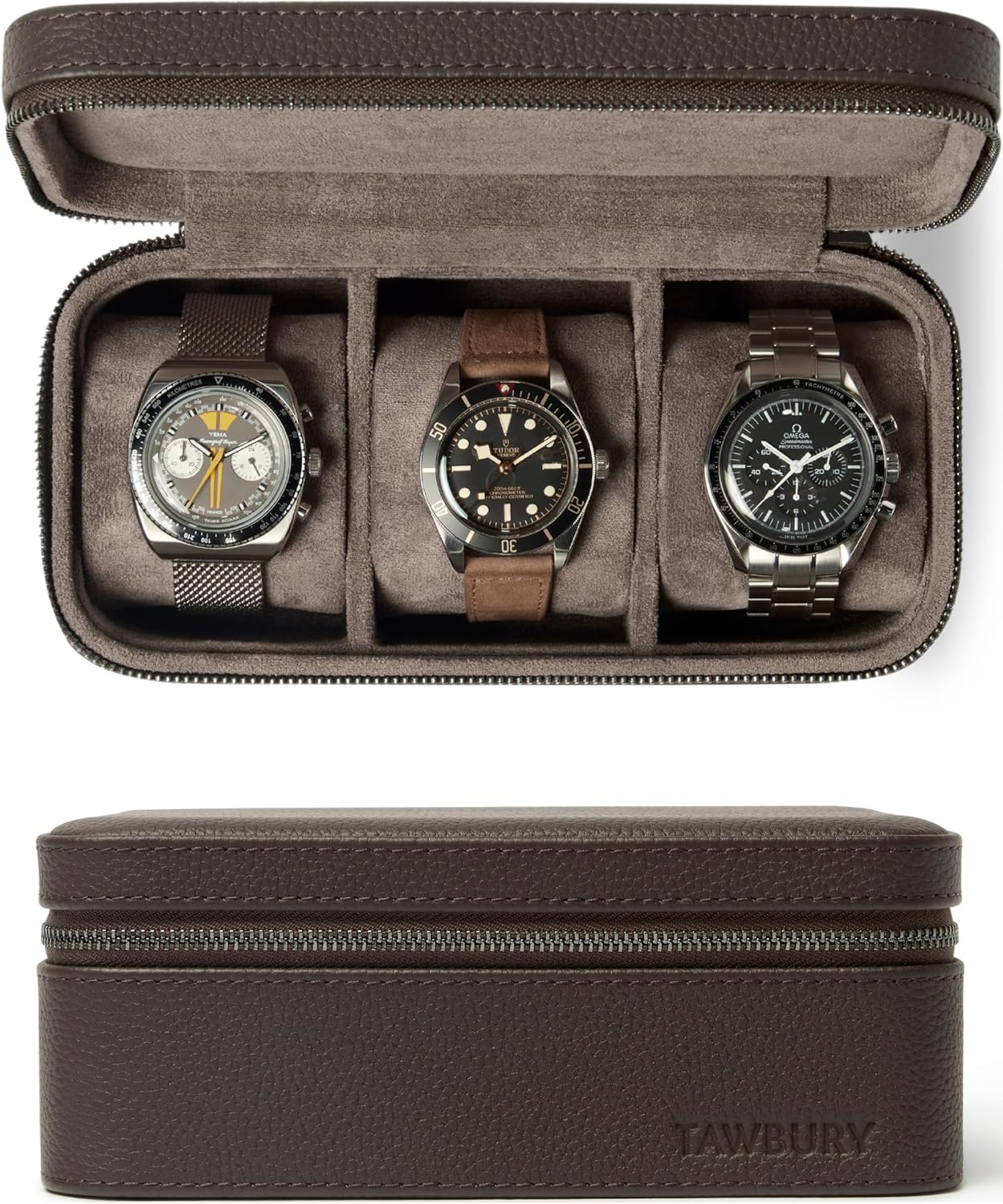 TAWBURY 3 Watch Case Top Grain Genuine Leather Travel Case Roll for Men - Brown