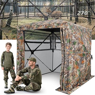 Hunting Blind with Magnetic Full Open Large Door & Silent Windows, 270360 See Through Pop Up Ground Blind for 2-33-4 Person, Tent for Deer Turkey Hunting, Waterproof, Portable, Carry Bag