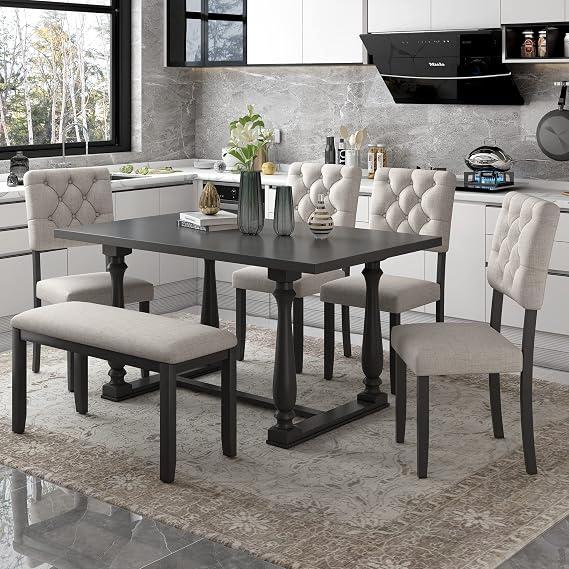 Harper & Bright Designs 6-Piece Dining Table and Chair Set with Special-Shaped Legs and Foam-Covered Seat Backs&Cushions for Dining Room (Gary)