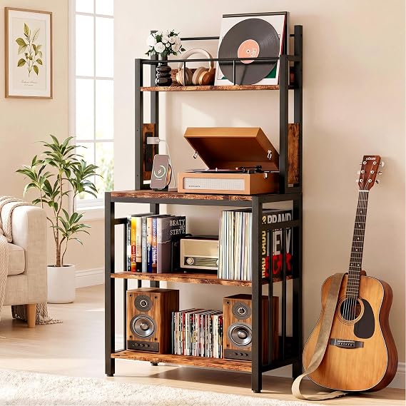 IRONCK Record Player Stand with Storage, Turntable Stand for Living Room | 2-Tier Vinyl Record Shelf with Charge Station, Record Rack Holds Up to 300+ Albums