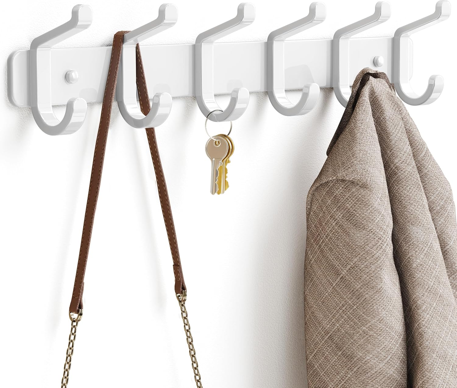 pickpiff Coat Rack Wall Mounted Heavy-Duty: Metal Coat Hanger 6 Hooks for Hanging Hat, Clothes, Robe, Keys, Backpack, Bathroom Towels, Jacket, Purse - Closet, Door, Entryway, Mudroom White, 1 Pack