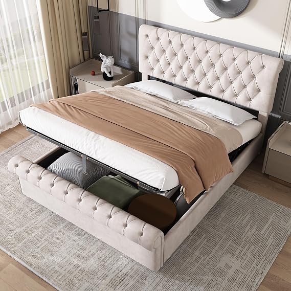 Merax King Size Bed with Hydraulic Storage, 5FT Ottoman Storage Bed Frame, with Button-Tufted Sleigh, Wooden Slats, Velvet Fabric (No Mattress), Beige+Velvet/150CM*200CM