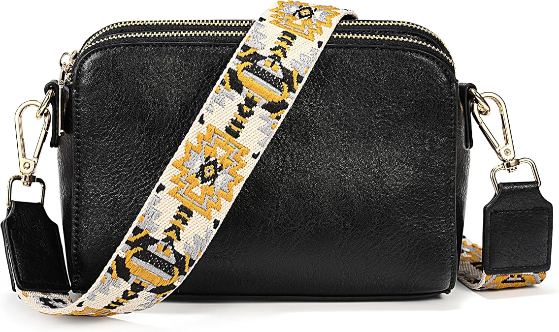 UTO Crossbody Bags for Women Triple Zipper Purse Leather Handbag with Colored Adjustable Wide Shoulder Strap