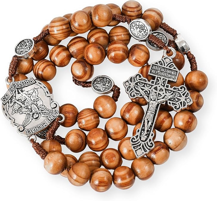 Nazareth Store Sacred St Michael Wood Beads Rosary Solid Wooden Prayer Chaplet with Cross Saint Medal & Silver Pardon Crucifix