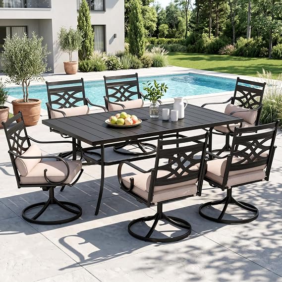 Sophia & William Patio Dining Set, Steel, Swivel Chairs, E-Coated | Umbrella Hole, Swivel Chairs, E-Coated, Cushions Included, For Patio, Garden and Yard