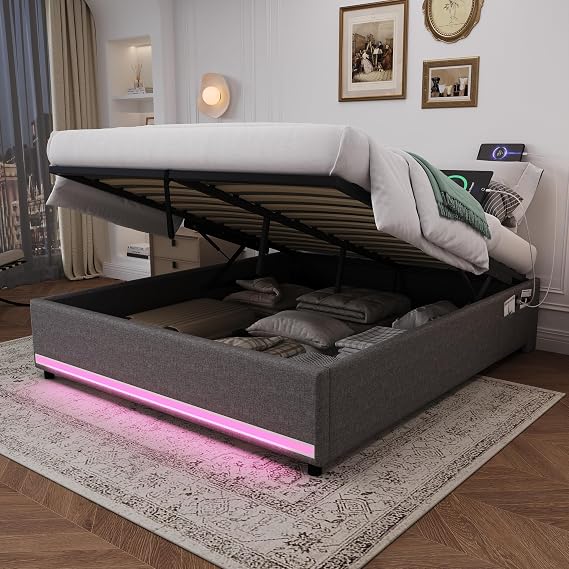 Merax 5FT King Ottoman Storage Bed Frame with APP LED Lights & Charging Station, Hydraulic Lift Linen Upholstered Bed, No Headboard King Size Bed Frame with Side Pockets, Grey (No Mattress)