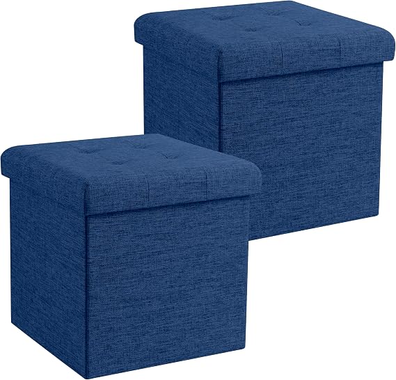Ornavo Home 2 Pack 15 Inch Folding Storage Ottoman Cube, Linen, Navy Blue