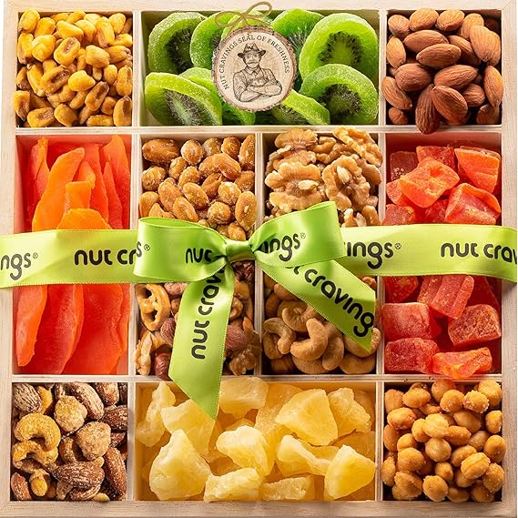 NUT CRAVINGS - Dried Fruit & Mixed Nuts Gift Basket (12 Assortments) | in Reusable Wooden Tray + Ribbon Food Arrangement, Healthy Snack Care Package, Kosher