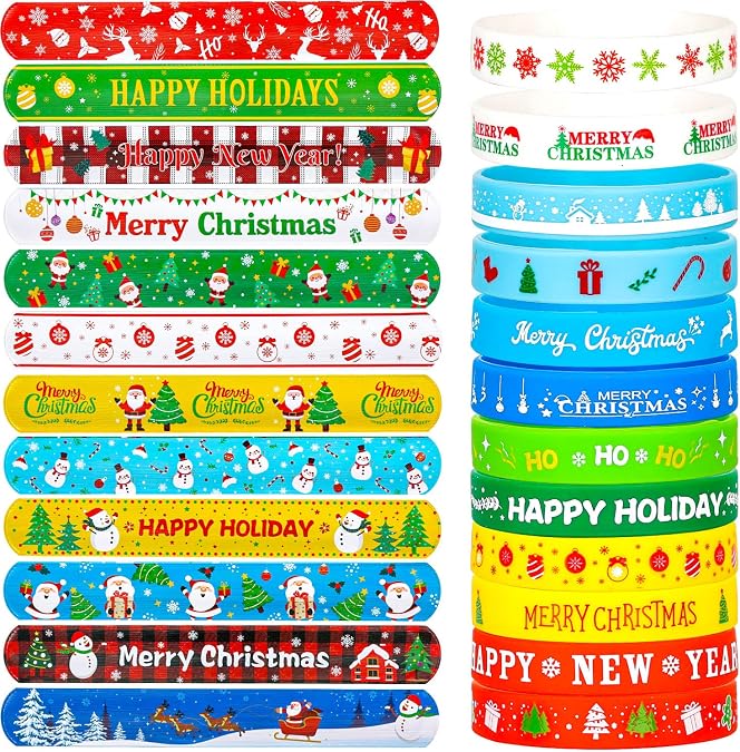 Mibor 48Pcs Christmas Slap Bracelets Christmas Silicone Bracelets, Christmas Classroom Gifts, Xmas Slap Wristbands Rubber Wristbands for Kids Girls Boys Christmas Party Favors Stocking Stuffers Gifts