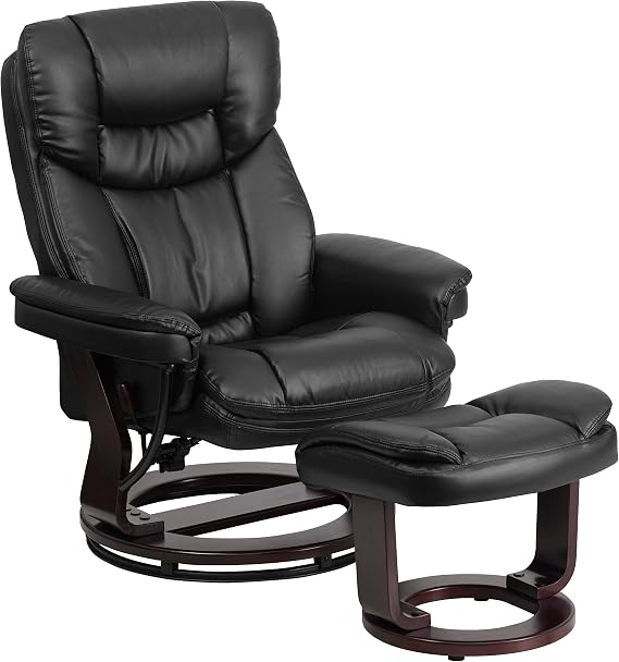 Flash Furniture Allie LeatherSoft Upholstered Recliner with Footrest, Arms, and Headrest, Padded Swivel Recliner Chair and Ottoman Set, Black | Lever Adjustment, Plush Armrests, Curved Ottoman