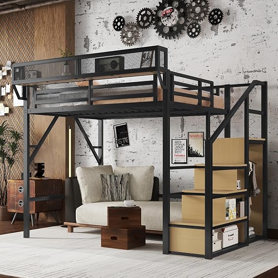 Full Size Loft Bed with Stairs, Heavy-Duty Metal Loft Beds, High Loft Bed Frame with Storage Shelves, Junior loft Bed with Wardrobe for Boys Girls and Teens, No Box Spring Needed (Black)