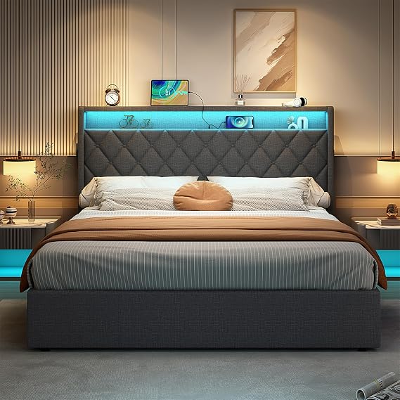MYBOO Upholstered Ottoman Bed, 5ft King Size Bed Frame with Storage, LED and USB, Gas Lift Up Upholstered King Size Bed Frame with Button Tufted Storage Headboard and Slats, Linen, No Mattress, Grey