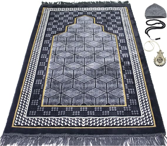 Modefa Turkish Islamic Velvet Prayer Rug - Thick Wide Soft Praying Carpet for Men & Women - Double Plush Large Janamaz - Eid & Ramadan Gift - with Kufi Beads & Car Hanger - Geometric Noor - Black