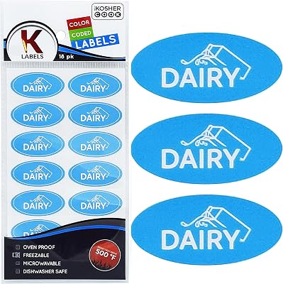 The Kosher Cook Blue Dairy Labels - Oven Proof up to 500, Freezable, Microwavable, Dishwasher Safe, English - Color Coded Kitchen Stickers Pack of 18