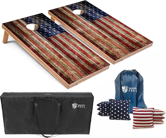 Tailgating Pros American Themed Lightweight Corn Hole Board Set w/Multicolored LED Rings, Bean, Bags, and Carrying Case - 4'x2' Cornhole Toss