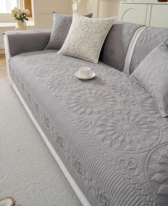 2024 Boho Couch Covers Farmhouse Cotton Quilted Sectional Sofa Covers Geometric Embroidery Sofa Slipcover Anti-scratch Wear-resistant Furniture Cover For Pets Kids(Grey,70 * 210cm)