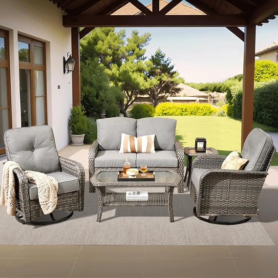ovios 5-Piece Patio Furniture Set, Outdoor Wicker Sofa with Swivel Chairs Coffee Table, High Back Rattan Couch Loveseat with Comfy Cushions for Porch Yard Deck, Dark Grey