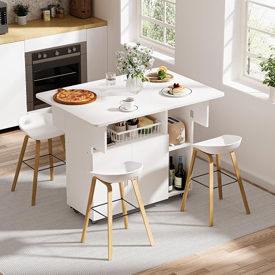 Folding Dining Table with Wheels Top Drop Leaf Table 100x70cm for 4-6 people with Storage Cabinet and Open Shelf for Small Space, Kitchen, Dining Room White