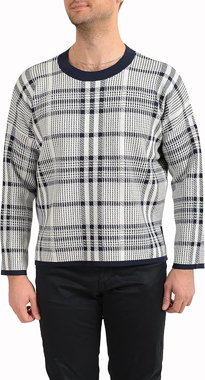 Hugo Boss Men's Schecky Plaid Crewneck Pullover Sweater US L IT 52 Blue/White