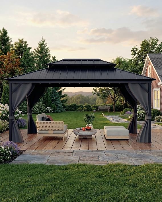 12x16 FT Hardtop Gazebo with Double Metal Roof, Aluminum Frame Permanent Pavilion with Curtains and Netting, Outdoor Gazebo for Patio Backyard Lawns