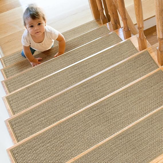 SMILOOL Stair Treads Non Slip for Wooden Steps Indoor 4 Pack 8" X 30" Carpet Stairs Runner for Wood Stairs, Stair Tread Rugs with Reusable Adhesive for Dogs Kids and Elders, Machine Washable, Beige
