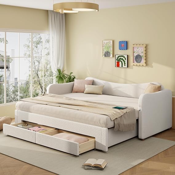 Polsterbett Schlafsofa 90x200 cm mit USB-Anschluss Tagesbett mit Ausziehbett und Schubladen Lattenrost aus Holz Beige Bouclé (Ohne Matratze)
