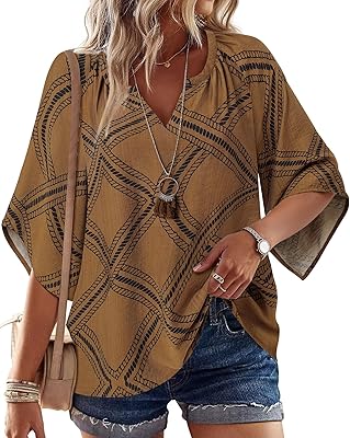 Bebonnie Womens 34 Sleeve V Neck Bohemian Peasant Blouses Casual Loose Fit Tunic Tops
