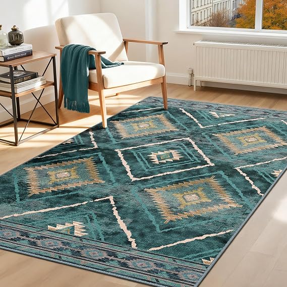 Machine Washable Rugs Living Room, 90x150 cm Kitchen Rugs Non Slip, Soft Short Pile Vintage Green Rugs for Bedroom, Moroccan Rug for Hallway, Bedroom, and Kitchen, Teal/Green