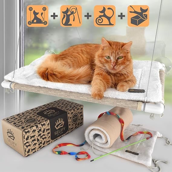 Cat Window Perch - Free Fleece Blanket and Toy Extra Large and Sturdy Holds Two Large Cats Easy to Assemble!