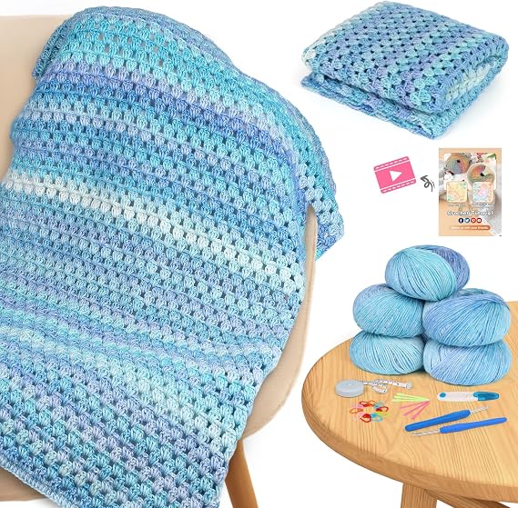 Aeelike Crochet Blanket Kit for Beginners, Easy Crochet Kits, Blue Gradient | Blanket Crochet Kit for Beginners Adults with Gradient Yarns Detailed Video Tutorials Crocheting Accessories, Ideal Gift