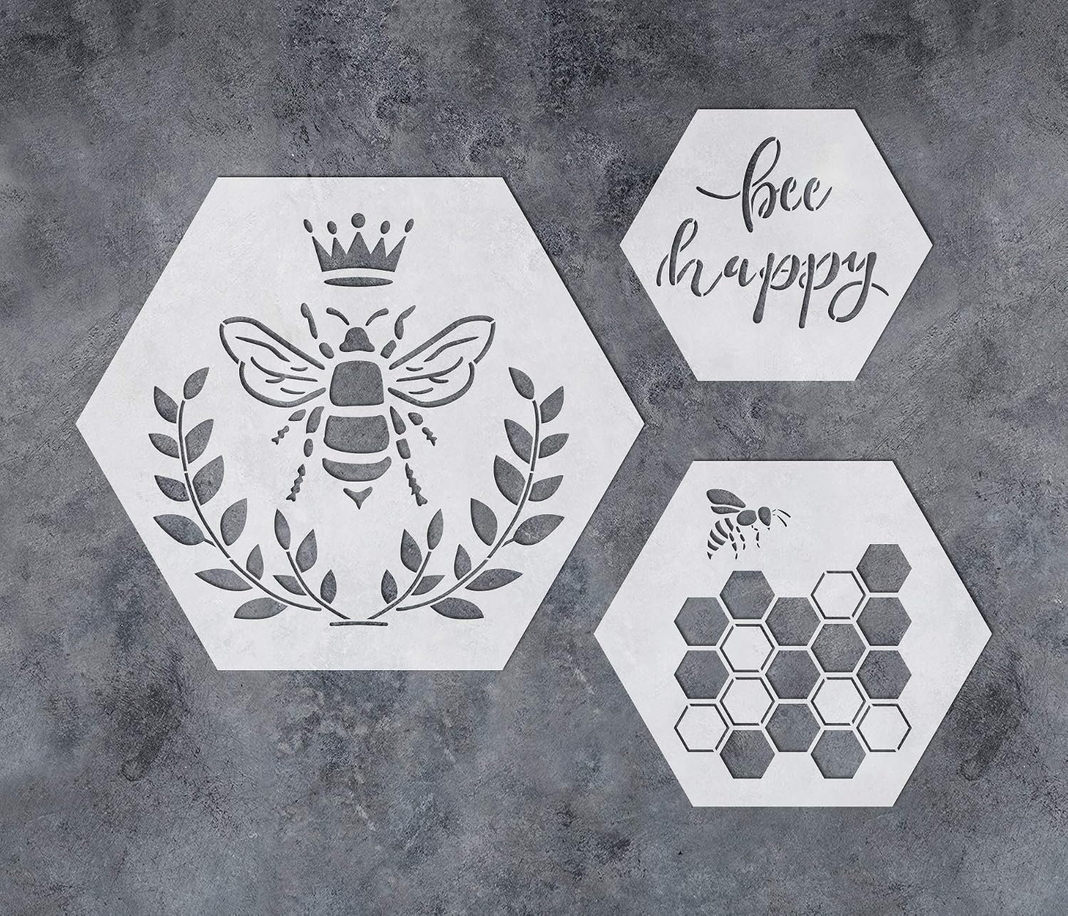 GSS Designs Bee Honeycomb Stencils Set - Pack of 3 Hexagons Stencils for Painting Walls Crafts - Reusable Bee Happy Stencils for Furniture Wood Signs Canvas Home Wall Decor - Assorted Size Hexagons