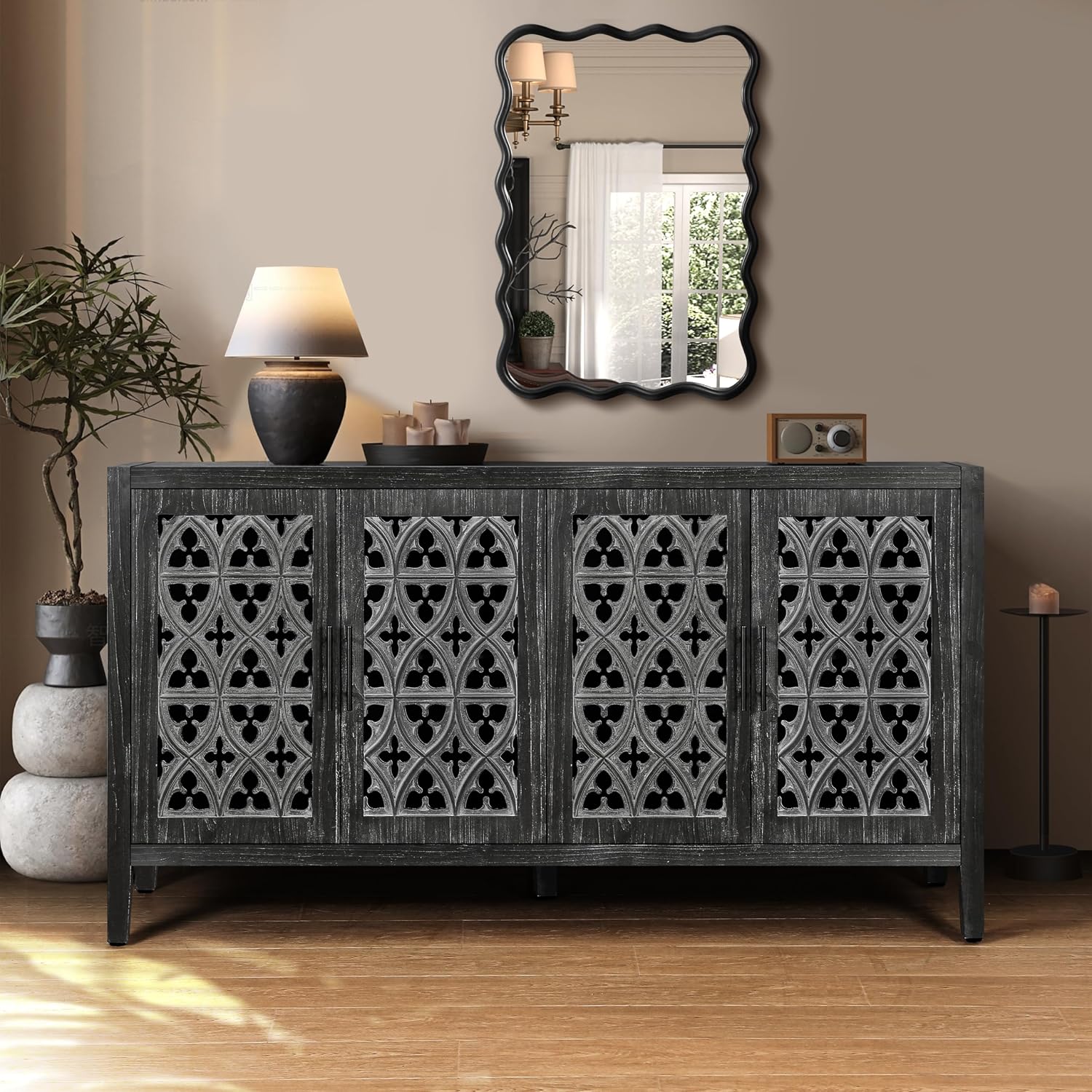 Accent Sideboard with Adjustable Shelf,Cabinet WSolid Wood Legs,American Country Style Console Credenza Buffet Table,for Kitchen Dining Room Entryway Hallway,Antique Black