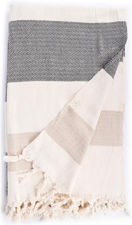 Bersuse 100% Cotton Aspendos XL Throw Blanket Turkish Towel - 60x90 Inches, Black-Grey-Beige