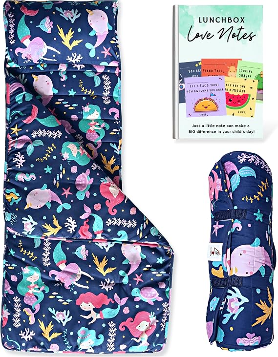 Toddler Nap Mat with Pillow and Blanket -XL 58" X 20" Nap Mats for Daycare -2X Thicker Sleeping Bag for Kids - Nap Mats for Preschool -FREE E-book- Kids Sleeping Bags - Daycare Sleeping Mats (Mermaid)