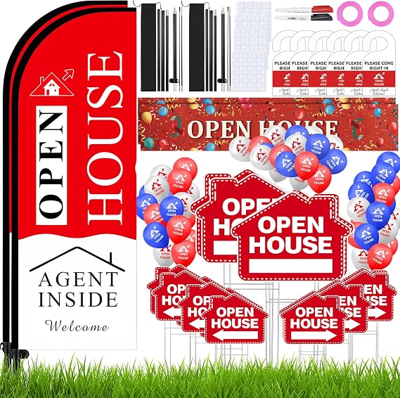 94pc Open House Kit: 16 Signs, 2 Markers, 2 Flags, 60 Balloons for Sales Events