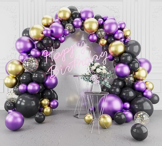Metallic Purple Balloon Arch Garland Kit-Metallic Gold Balloon Black Balloon 118Pcs for Graduation,Birthday,Easter,Baby Shower,Christmas,Fiesta Party Decoration.