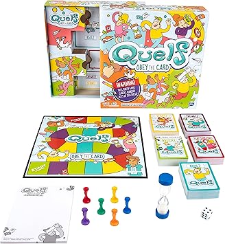 Spin Master Quelf Board Game Party Game for Teens and Adults -Obey The Cards to Win Family Game Night - 300 Outrageous Action Cards Combines Quiz Questions, Stunts, Acting, and Hilarious Rules