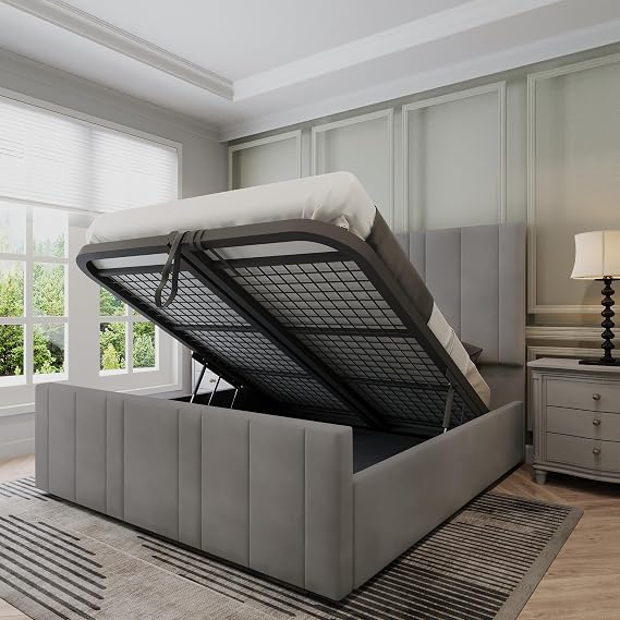 Verona Ottoman Bed Double 4ft6, Plush Velvet Gas Lift Double Beds Frame with Storage, Luxury Frame with Headboard, Space Saving Ottoman Bed for Stylish Bedrooms in Grey Plush