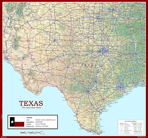 Texas USA State Map (The Lone Star State) - 24 x 22 inches - Paper Laminated