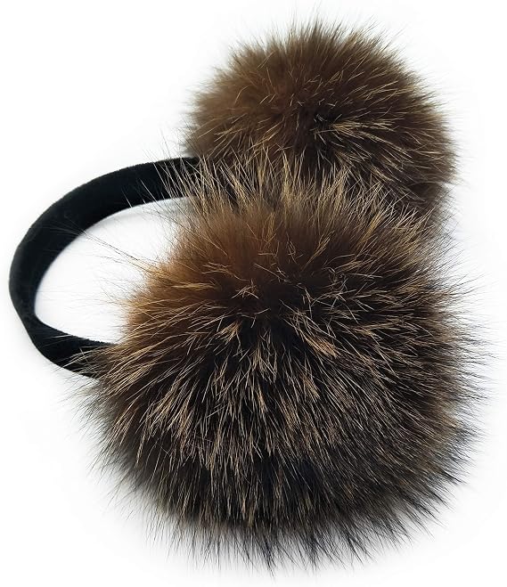 Hima 100% Real Fox Fur and Raccoon Fur Earmuffs with Long Hair Made in New York (Dark Wood)