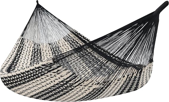 Sunnydaze Mayan XXL Double Heavy-Duty Hammock, Black/Natural | 625 lb Weight Capacity, 79 x 90 Bed, Soft, Handwoven Cotton Blend Rope Hammock for Outside, Outdoor Hammock without Stand