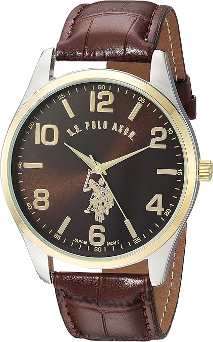 U.S. Polo Assn. Men's Brown Dial Watch with Gold-Tone Bezel and Croc-Embossed Strap Analog Quartz Timepiece in Gift Box Fits Wrists 5.5"-8" with 44mm Silver-Tone Case